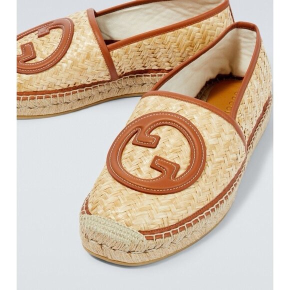 NEW GUCCI || Adela GG Raffia Espadrilles Brown Leather Logo EU 39 US 9 Shoes - Picture 2 of 11